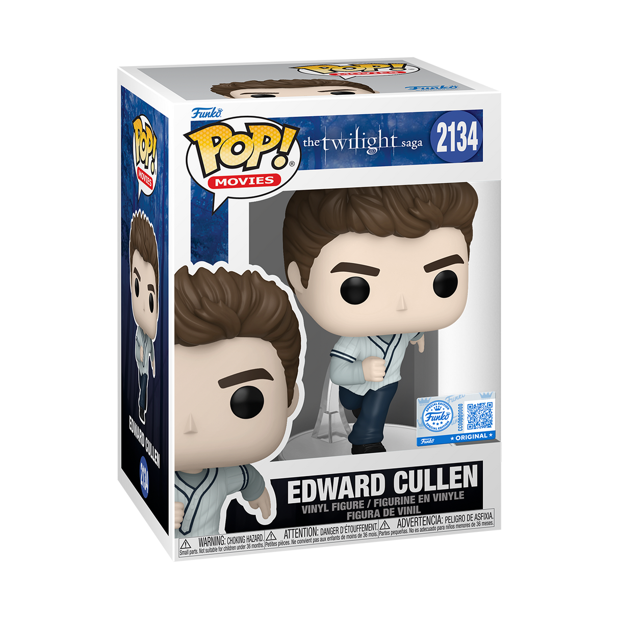 Funko Pop! Twilight Saga Edward Cullen figure in baseball jersey, special edition with detailed character features.