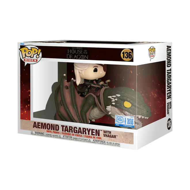 Funko Pop! Rides: House of the Dragon: Aemond Targaryen with Vhagar figurine in a window display box.