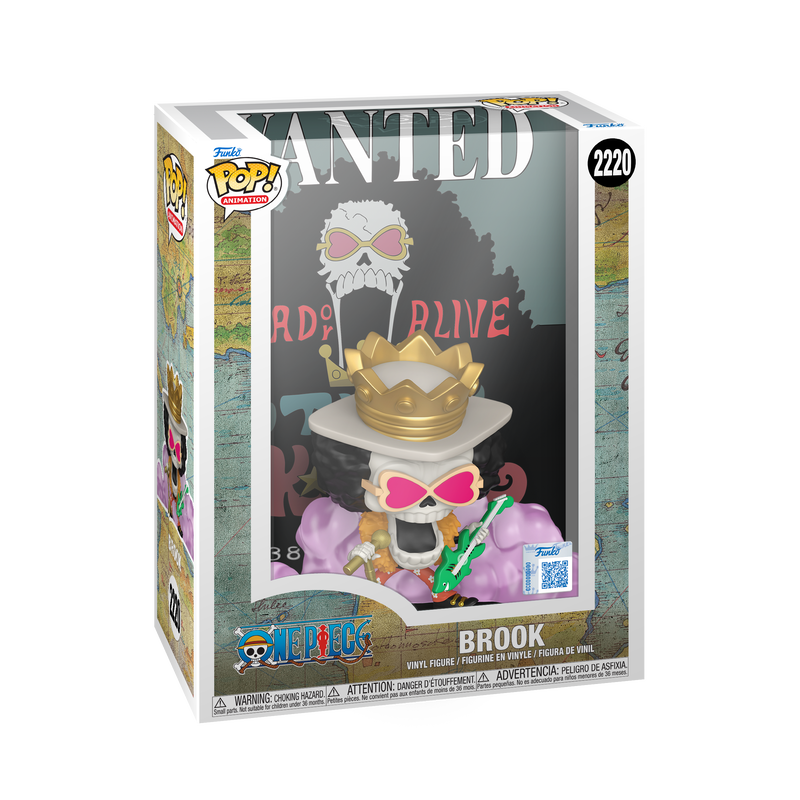 Funko Pop! One Piece: Brook Wanted Poster figure with display case, featuring box imperfection, from Shak's Pop Shop.