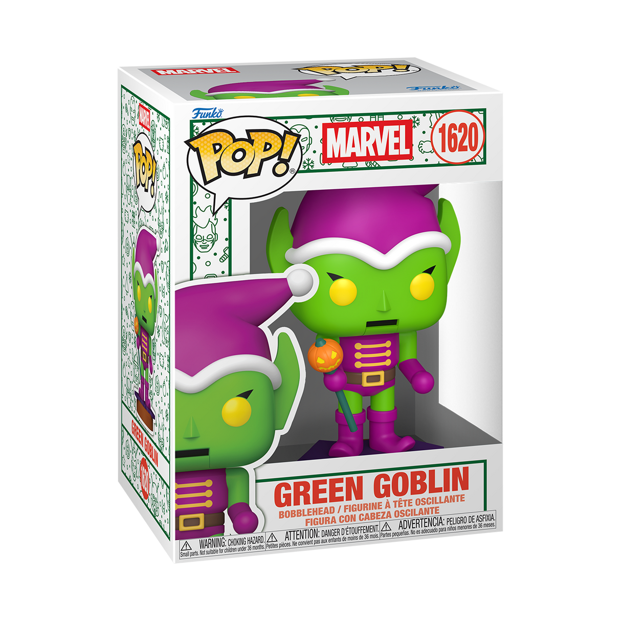Funko Pop! Marvel Green Goblin Holiday figure with festive costume and pumpkin accessories, collectible toy from Shak's Pop Shop.