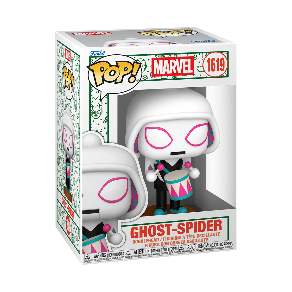Funko Pop! Marvel Ghost-Spider Holiday figure with festive costume and vibrant colors, from Shak's Pop Shop collection.