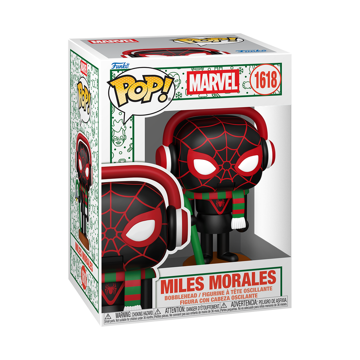 Funko Pop! Marvel Miles Morales Holiday figure with festive costume, collectible vinyl toy, from Shak's Pop Shop.