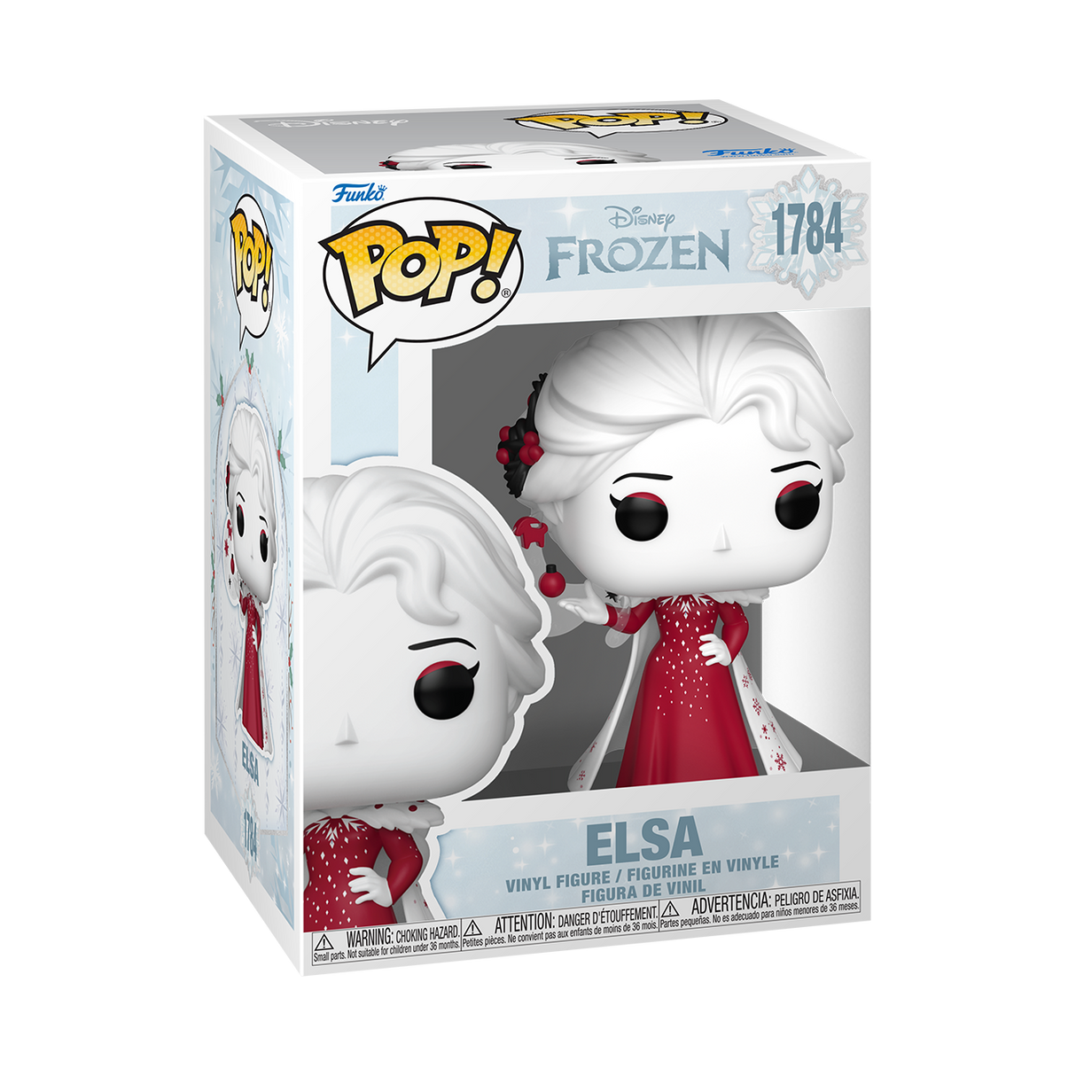 Funko Pop! Disney Frozen Elsa figure with glittery holiday dress, featuring Elsa's signature hairstyle and icy blue accents.