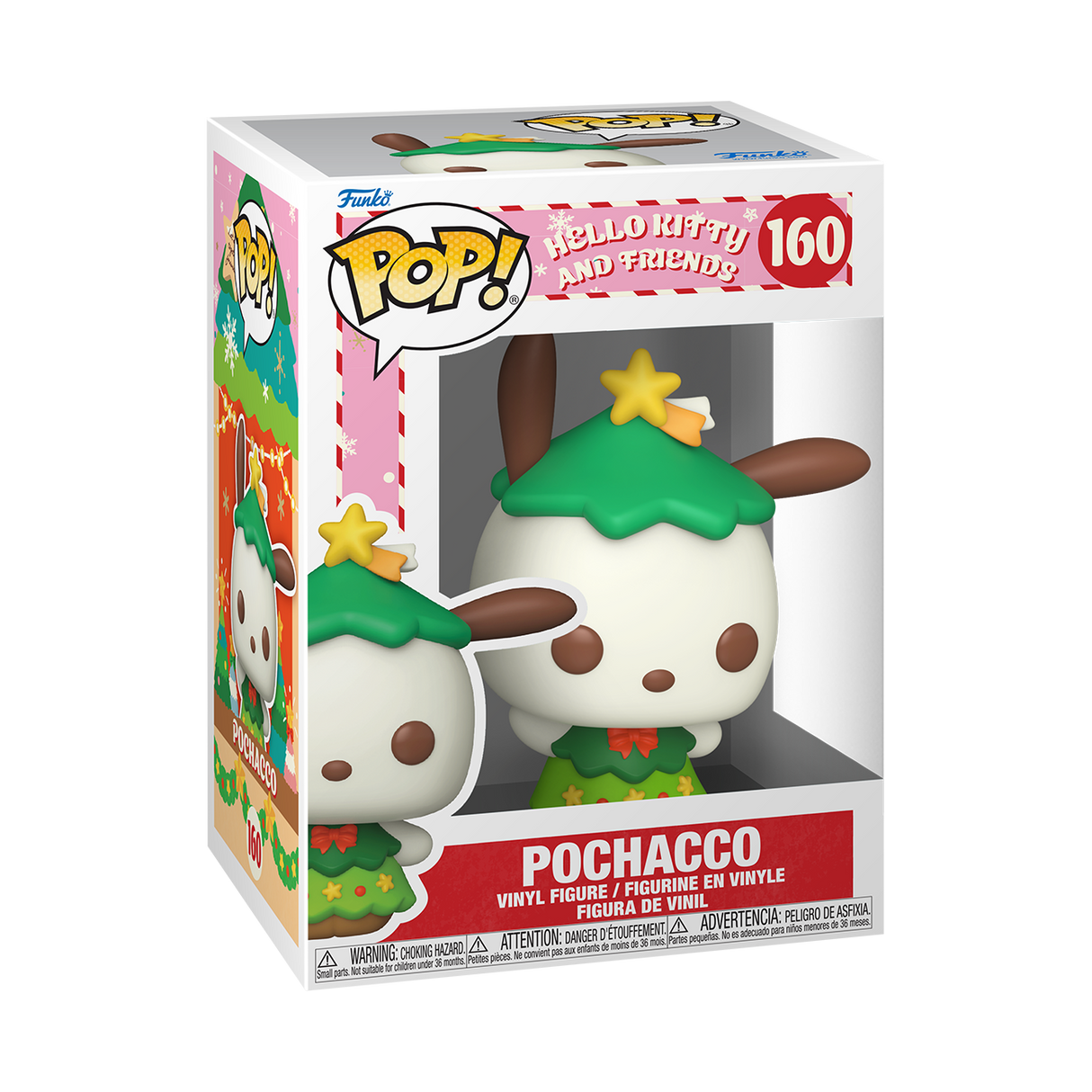 Funko Pop! Shak's Pop Shop Hello Kitty and Friends Pochacco festive figure, colorful cartoon character with holiday-themed accessories.