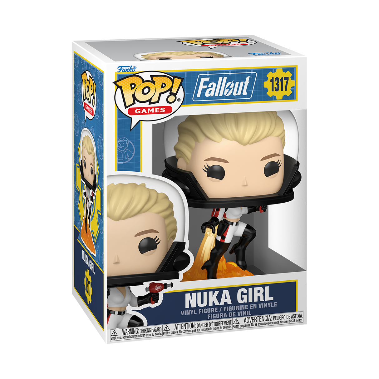 Funko Pop! Games Fallout Nuka Girl figure with detailed blonde hair and vibrant Nuka-Cola themed outfit, collectible vinyl figure.