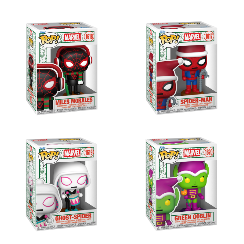 Four Funko Pop! Marvel holiday figures in a bundle, featuring festive Marvel characters from Shak's Pop Shop.