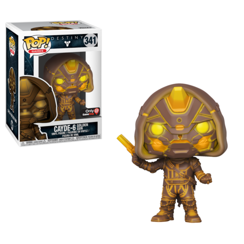 Funko Pop! vinyl figure of Cayde-6 from Destiny holding golden gun, collectible toy by Shak's Pop Shop.