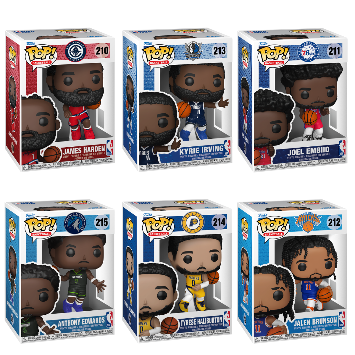 A grid of six NBA Funko Pop! figures in their boxes: James Harden (Clippers), Kyrie Irving (Mavericks), Joel Embiid (76ers), Anthony Edwards (Timberwolves), Tyrese Haliburton (Pacers), and Jalen Brunson (Knicks).