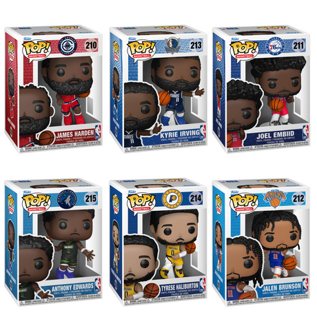 A grid of six NBA Funko Pop! figures in their boxes: James Harden (Clippers), Kyrie Irving (Mavericks), Joel Embiid (76ers), Anthony Edwards (Timberwolves), Tyrese Haliburton (Pacers), and Jalen Brunson (Knicks).