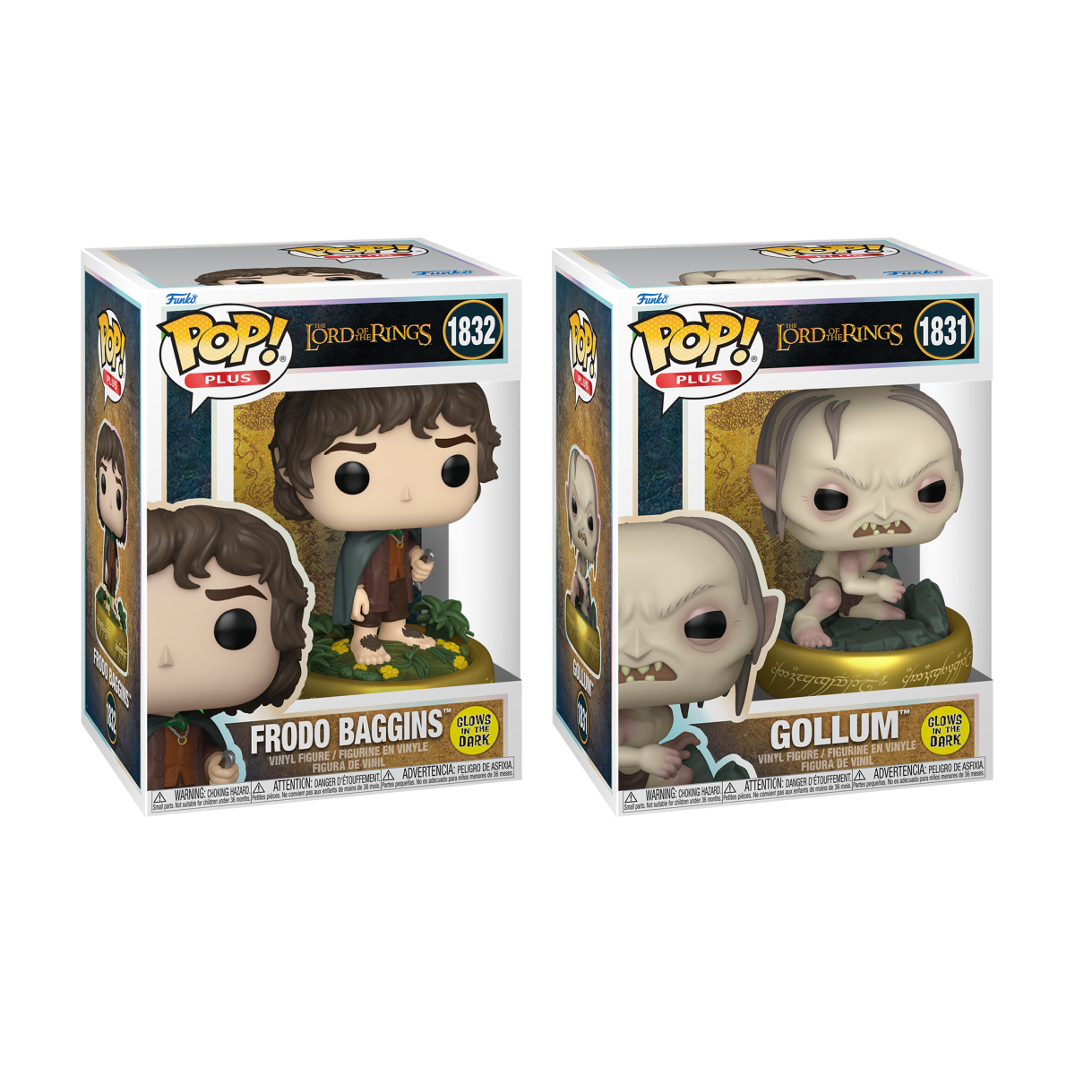 A side-by-side image of two Funko Pop! Plus figures from The Lord of the Rings: Frodo Baggins on the left, standing on a flowery base, and Gollum on the right, crouching on a golden ring. Both are glow-in-the-dark.