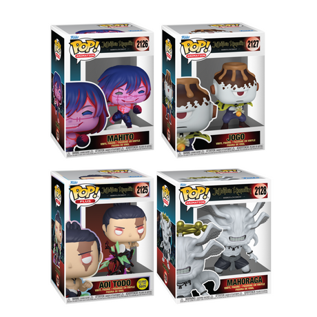 A grid of four Jujutsu Kaisen: Shibuya Incident Funko Pop! figures in their boxes: Mahito (top left), Jogo (top right), Aoi Todo (bottom left), and Mahoraga (bottom right).