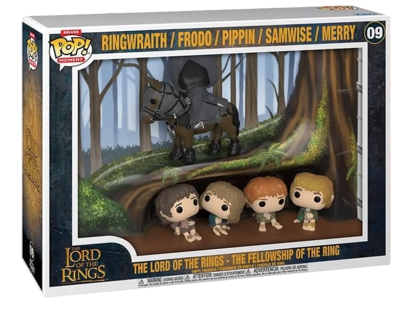 A "Funko Pop! Deluxe Moment" figure set from "The Lord of the Rings: The Fellowship of the Ring." It depicts a Ringwraith on horseback above Frodo, Pippin, Samwise, and Merry hiding in tree roots.