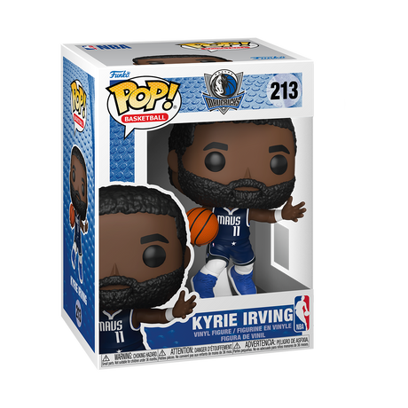A Funko Pop! NBA Basketball figure of Kyrie Irving, with a beard, wearing a blue Dallas Mavericks uniform with the number 11, holding a basketball. The box is white and blue.