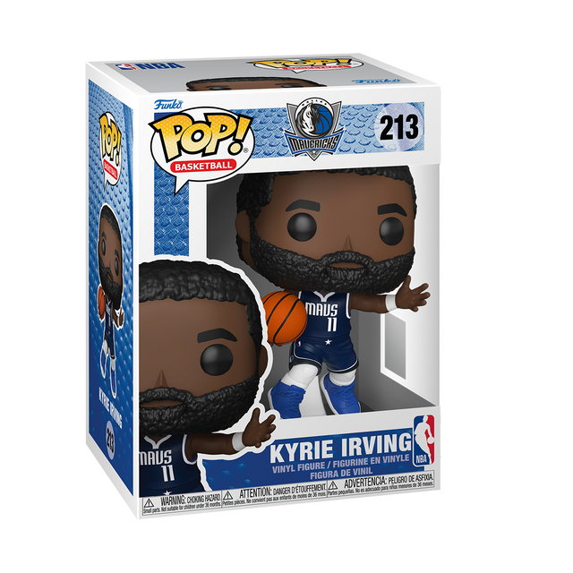 A Funko Pop! NBA Basketball figure of Kyrie Irving, with a beard, wearing a blue Dallas Mavericks uniform with the number 11, holding a basketball. The box is white and blue.