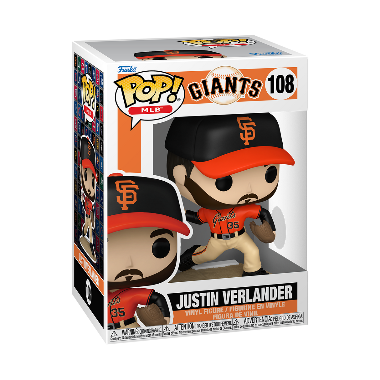 A Funko Pop! MLB figure of Justin Verlander, wearing a San Francisco Giants uniform with number 35, holding a baseball glove. The box is white and orange.