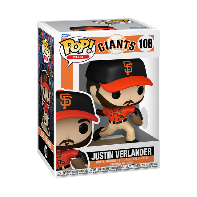 A Funko Pop! MLB figure of Justin Verlander, wearing a San Francisco Giants uniform with number 35, holding a baseball glove. The box is white and orange.