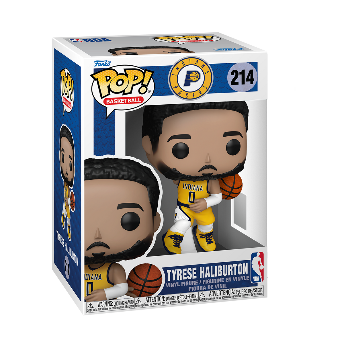 A Funko Pop! NBA Basketball figure of Tyrese Haliburton, with black hair and a beard, wearing a yellow Indiana Pacers uniform with the number 0, holding a basketball. The box is white and blue.