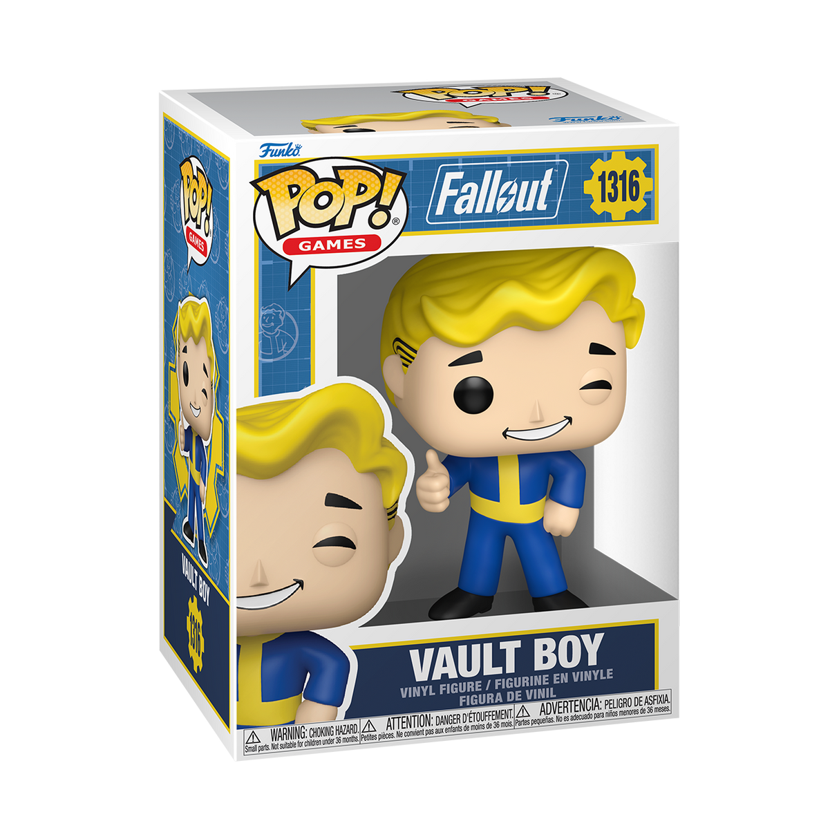 Funko Pop! Games Fallout Vault Boy figure with bright yellow costume and cheerful expression, collectible vinyl toy.