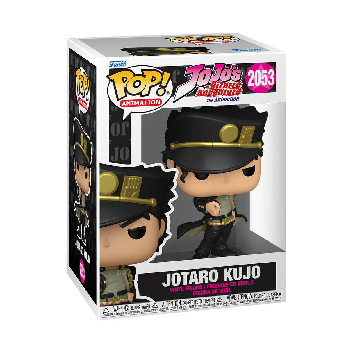 A Funko Pop! Animation figure of Jotaro Kujo from JoJo's Bizarre Adventure, wearing a black and gold outfit with a matching hat. The box is black and white.