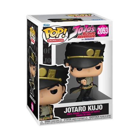 A Funko Pop! Animation figure of Jotaro Kujo from JoJo's Bizarre Adventure, wearing a black and gold outfit with a matching hat. The box is black and white.