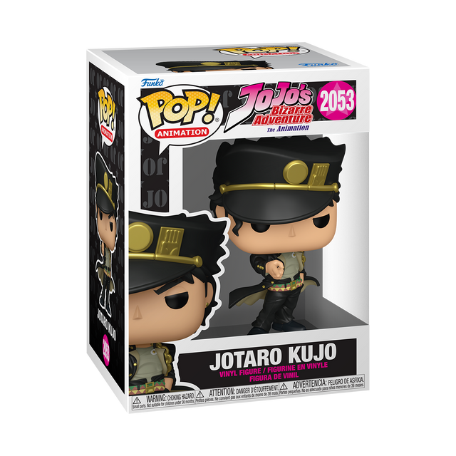 A Funko Pop! Animation figure of Jotaro Kujo from JoJo's Bizarre Adventure, wearing a black and gold outfit with a matching hat. The box is black and white.