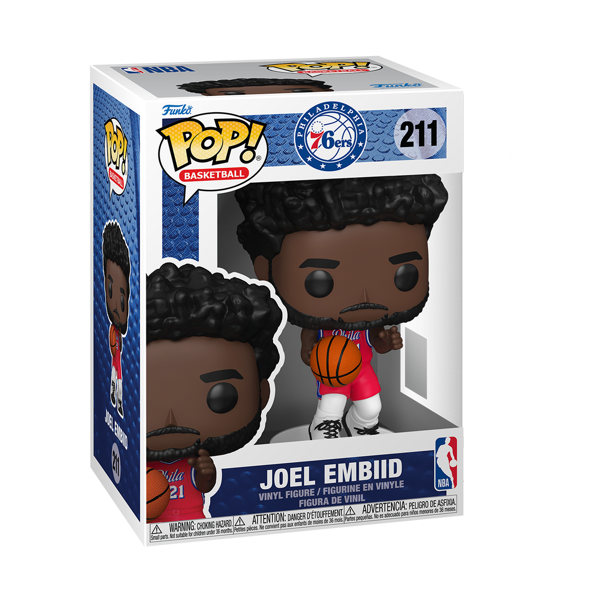 A Funko Pop! NBA Basketball figure of Joel Embiid, with dark curly hair and a beard, wearing a red Philadelphia 76ers uniform with the number 21, holding a basketball. The box is white and blue.