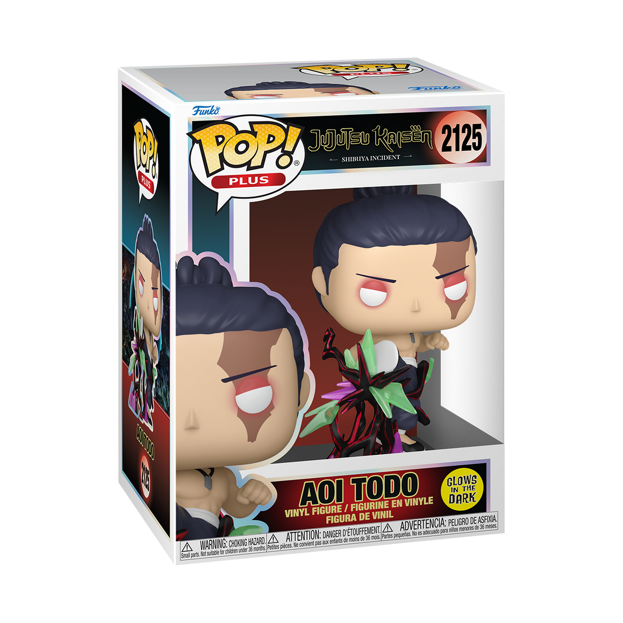 A Funko Pop! Plus figure of Aoi Todo from Jujutsu Kaisen: Shibuya Incident, with dark hair tied up, red eyes, and brown markings on his face and chest. He glows in the dark. The box is white and black.