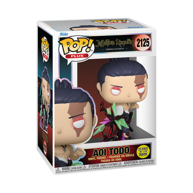 A Funko Pop! Plus figure of Aoi Todo from Jujutsu Kaisen: Shibuya Incident, with dark hair tied up, red eyes, and brown markings on his face and chest. He glows in the dark. The box is white and black.