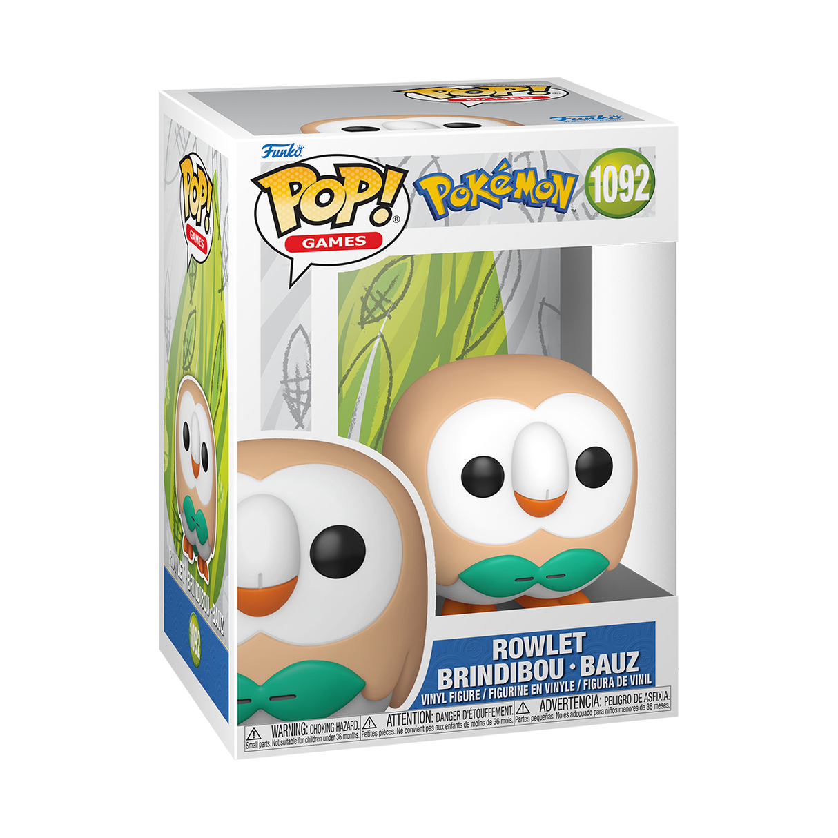 A Funko Pop! Games figure of Pokémon Rowlet, an owl-like creature with a light brown body, white face, green bow tie, and orange beak. The box is white and light blue with a green leaf pattern.