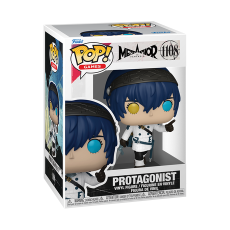 A Funko Pop! Games figure of "Protagonist" from Metaphor, with blue hair, a black headband, one blue eye and one yellow eye, wearing a white and black outfit. The box is white and blue.