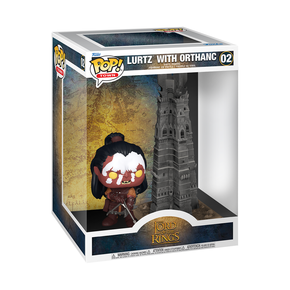 A Funko Pop! Town figure of Lurtz from The Lord of the Rings standing in front of a miniature replica of the Orthanc tower. Lurtz has dark skin, white war paint, and is holding a bow.