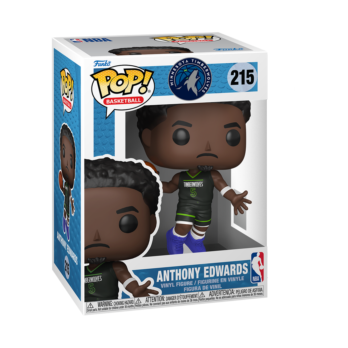 A Funko Pop! NBA Basketball figure of Anthony Edwards, wearing a dark green Timberwolves jersey with the number 5. The box is white and blue.