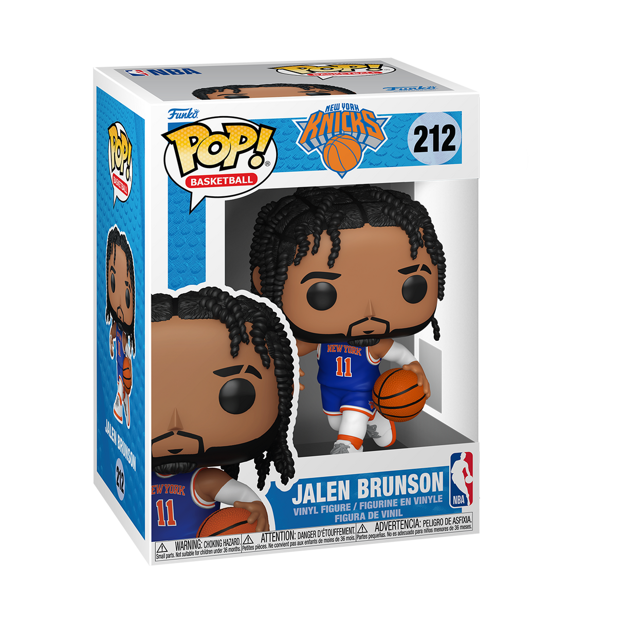 A Funko Pop! NBA Basketball figure of Jalen Brunson, with black braided hair and a beard, wearing a blue New York Knicks uniform with the number 11, holding a basketball. The box is white and blue.
