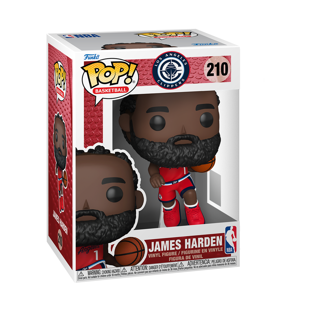 A Funko Pop! NBA Basketball figure of James Harden, with a beard, wearing a red, white, and blue Los Angeles Clippers uniform with the number 1, holding a basketball. The box is white and red.