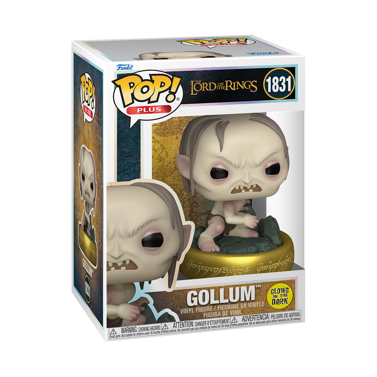 A Funko Pop! Plus figure of Gollum from The Lord of the Rings, with pale skin, a gaunt face, and large eyes. He is crouching on a golden ring and glows in the dark.