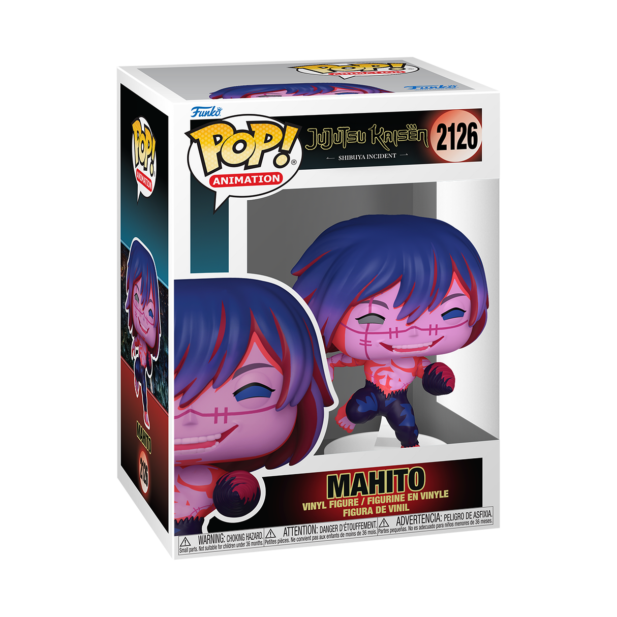 A Funko Pop! Animation figure of Mahito from Jujutsu Kaisen: Shibuya Incident, with purple skin, short blue and pink hair, and stitches across his face and body. The box is white and black.