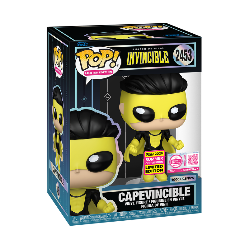 Funko Pop! Capevincible from Invincible in a floating pose with protective case, part of the Funko Legendary Edition.