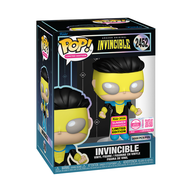 Limited edition Funko Pop! Invincible figure with floating pose and protective case, from the 2026 Summer Convention Legendary Edition.