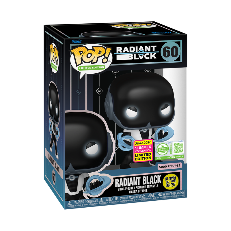 Glow Radiant Black Funko Pop! figure in protective case, limited edition 2026 Summer Convention exclusive, collectible toy by Shak's Pop Shop