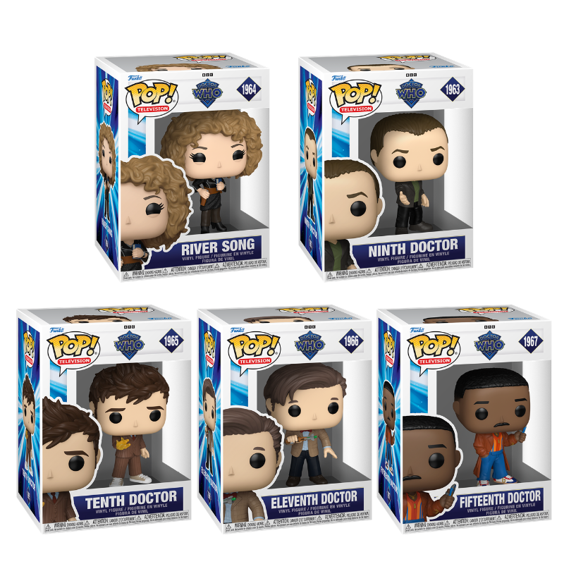 Set of five Funko Pop! Doctor Who vinyl figures featuring iconic characters from the television series, with colorful detailing.