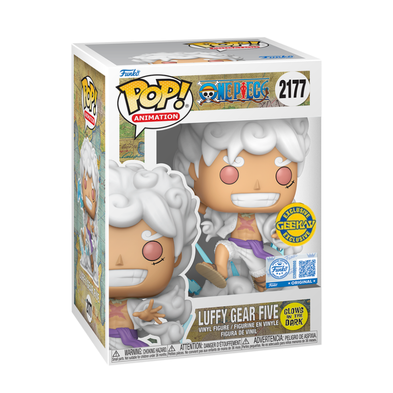 Funko Pop! Animation One Piece Luffy Gear Five glow figure, featuring Luffy in gear mode with glowing details, exclusive collectible toy.