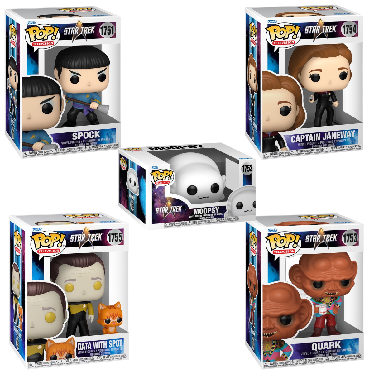 Five Funko Pop! Television Star Trek figures in a bundle, featuring iconic characters from the Star Trek series, displayed together.