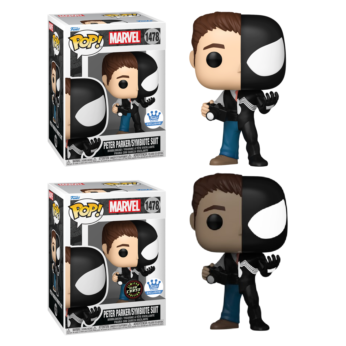 Funko Pop! Marvel Peter Parker in Symbiote Suit collectible figure, exclusive from Shak's Pop Shop, featuring detailed character design.