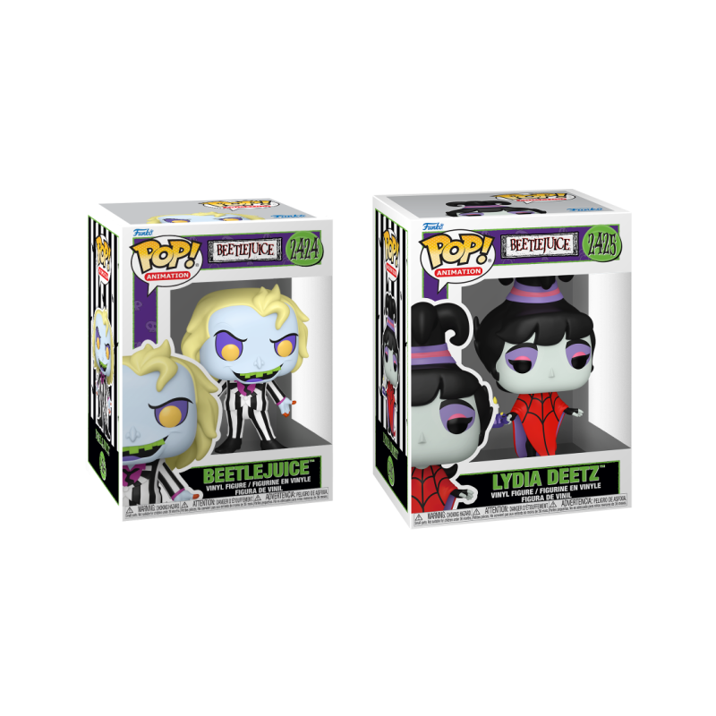 Two Funko Pop! Animation Beetlejuice figures from the Shak's Pop Shop bundle, featuring detailed vinyl collectibles.