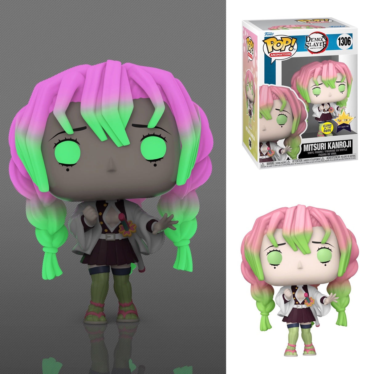 Funko Pop! Animation Demon Slayer Mitsuri Kanroji glow figure, collectible vinyl toy with vibrant details and exclusive design.