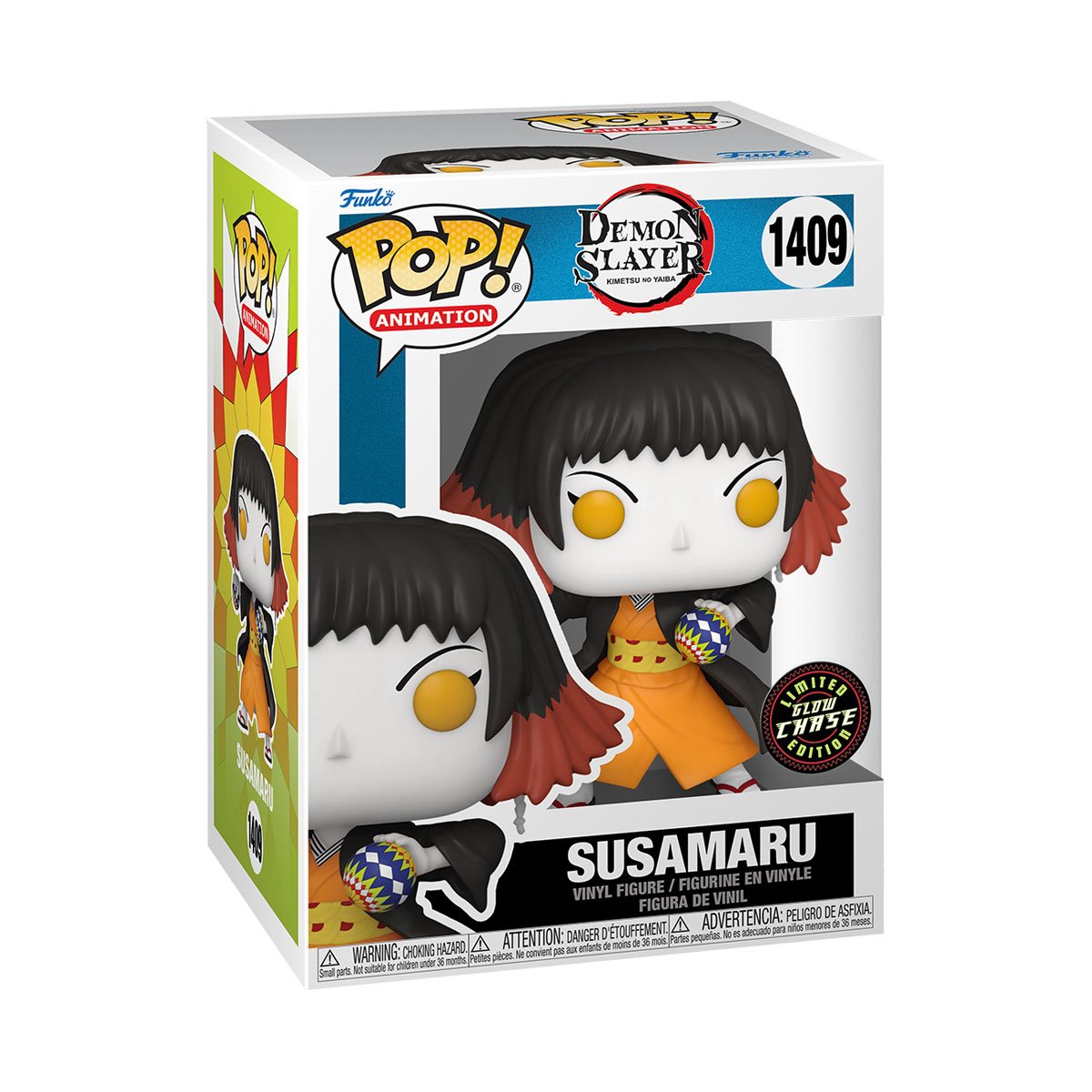 Funko Pop! Animation Demon Slayer Susamaru Glow Chase figure with box imperfection, featuring detailed character design and vibrant colors.