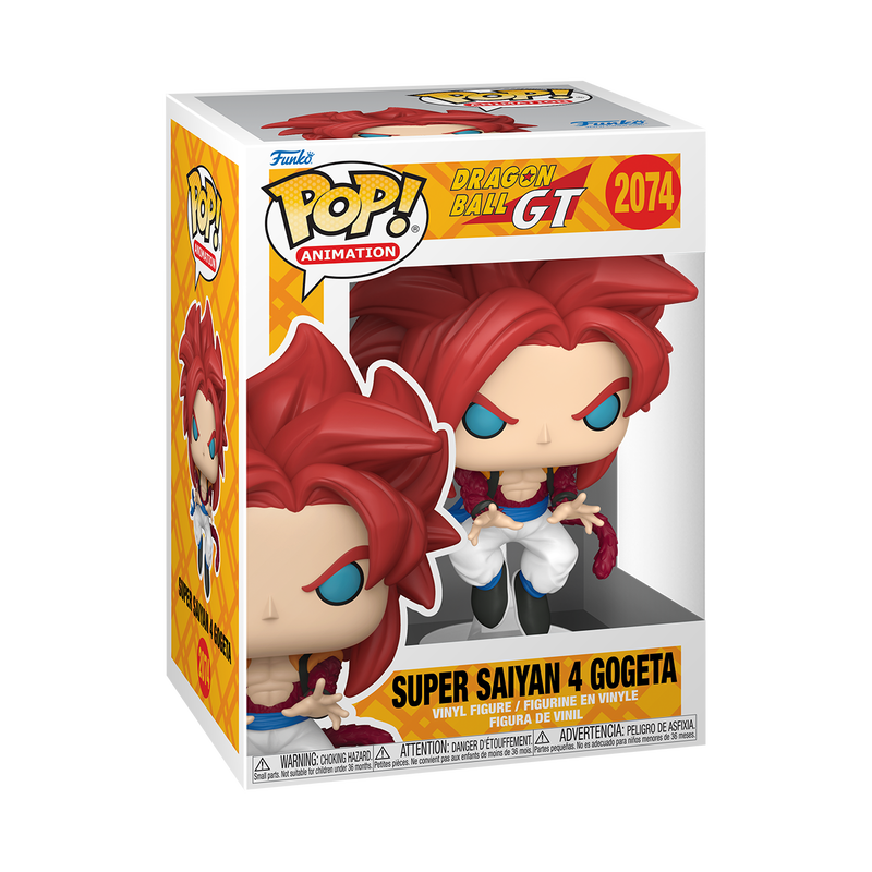 Funko Pop! Animation Dragon Ball GT Super Saiyan 4 Gogeta figure with detailed yellow hair and vibrant costume, front view.