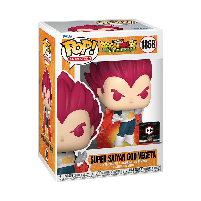 Funko Pop! Dragon Ball Super Broly Super Saiyan God Vegeta with Aura figure, collectible with box imperfection, by Shak's Pop Shop.