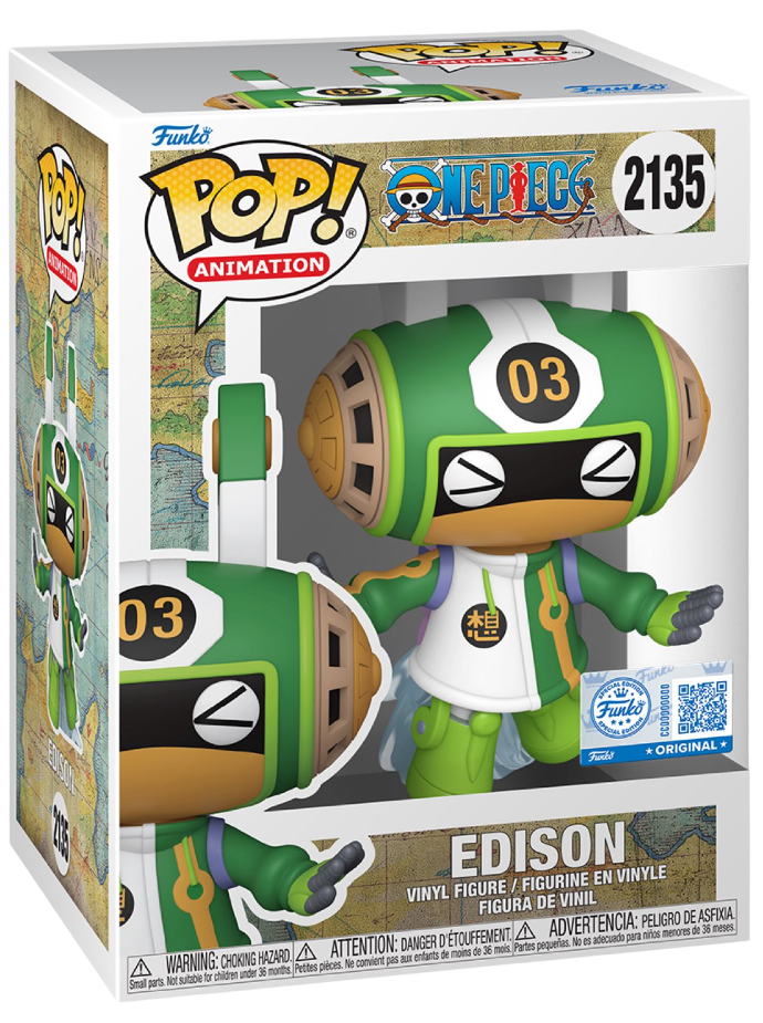 Funko Pop! Animation One Piece Edison figure by Shak's Pop Shop in its box with minor imperfection visible