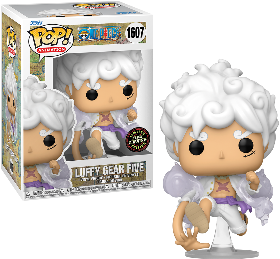 Funko Pop! Animation Luffy Gear Five Glow Chase figure from One Piece featuring Luffy in Gear Five pose with glowing details.
